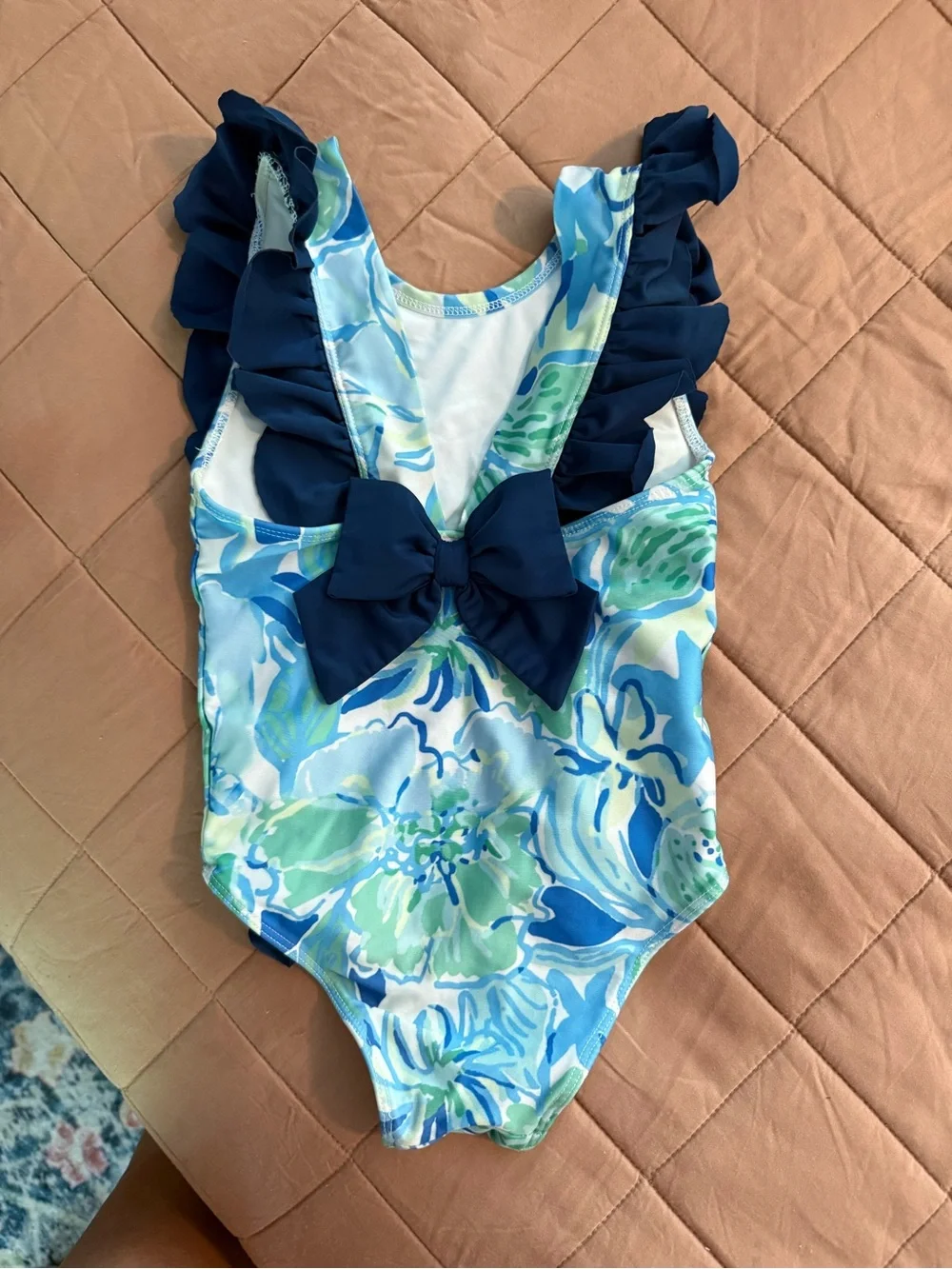 Toddler Floral Blue & Navy Ruffle One-Piece Swimsuit